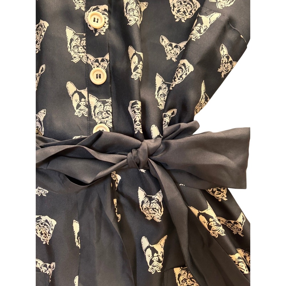 Maeve‎ Silk Dog Print Shirt Dress Womens XS Black Excellent Belted Midi Pocket - Picture 7 of 10